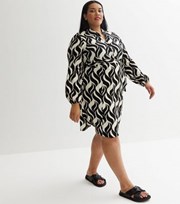 New Look Curves Black Geometric Doodle Print Long Puff Sleeve Mini Dress